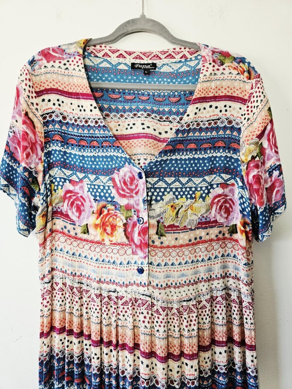 Vintage Papa Vancouver Floral Maxi Dress Size L Boho V Neck Short Sleeve - Picture 4 of 6